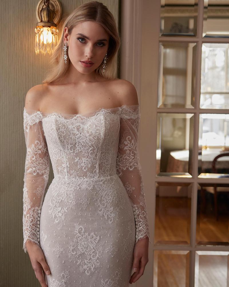 La23246 long sleeve off the shoulder wedding dress with lace3